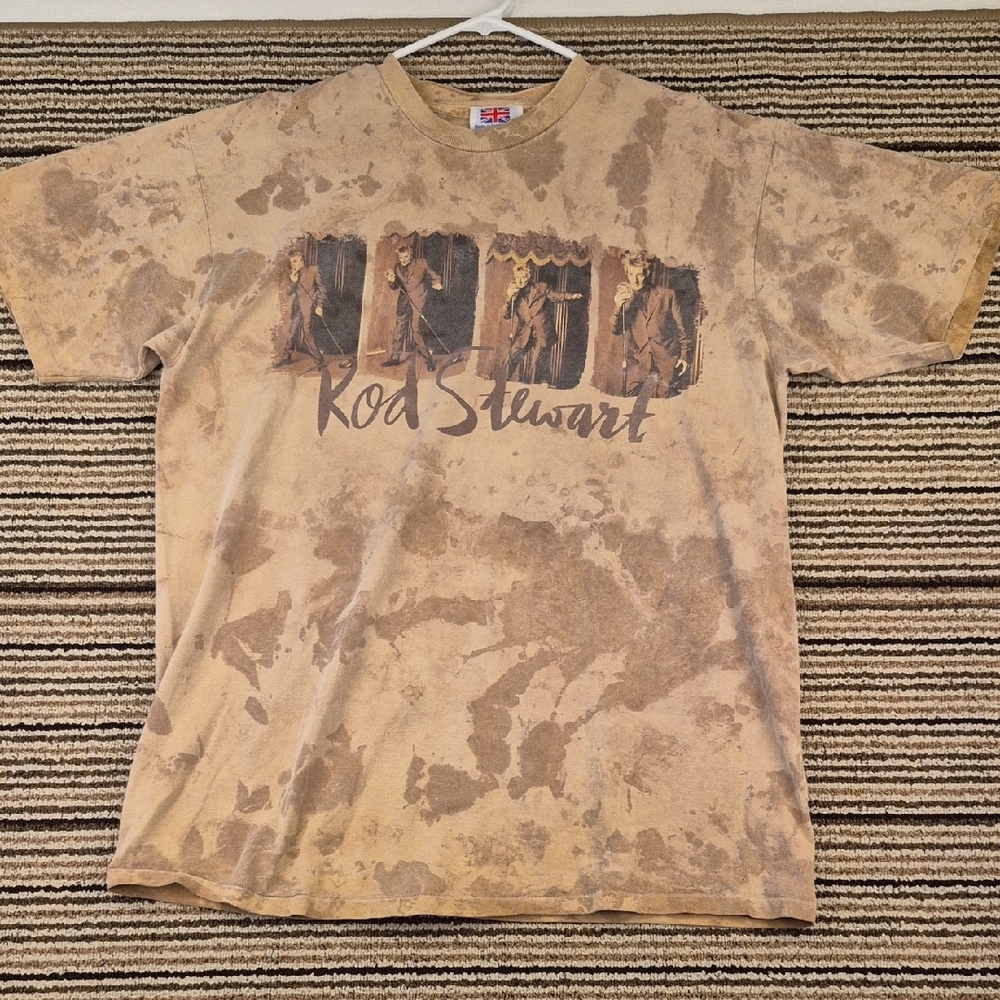 ROD STEWART Tie Dye Cotton Brown Tan Single Stitch Mens T-Shirt Sz XL VTG 90s